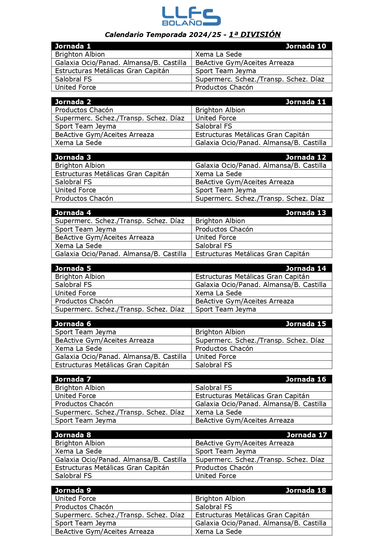 CALENDARIO 1ª DIVISIÓN