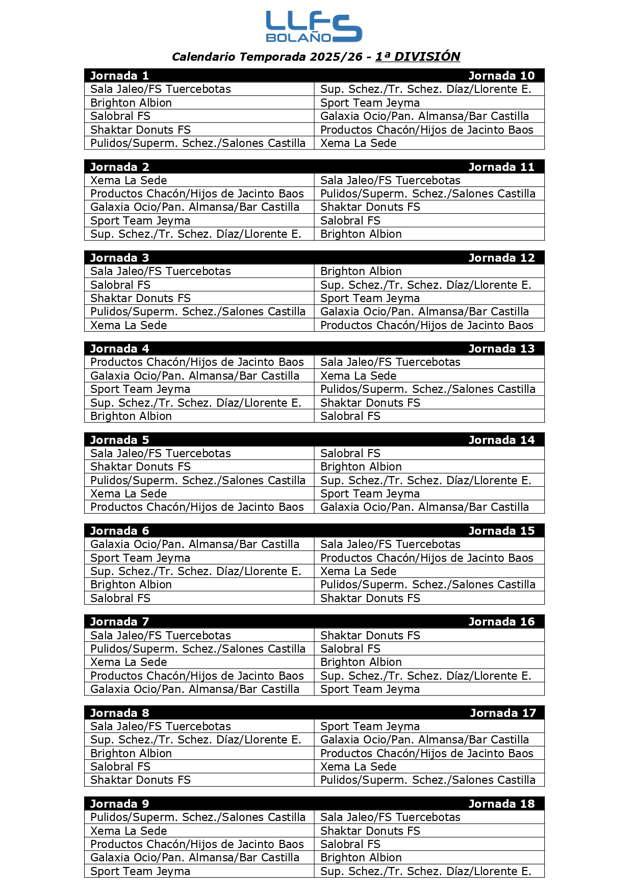 CALENDARIO 1ª DIVISIÓN