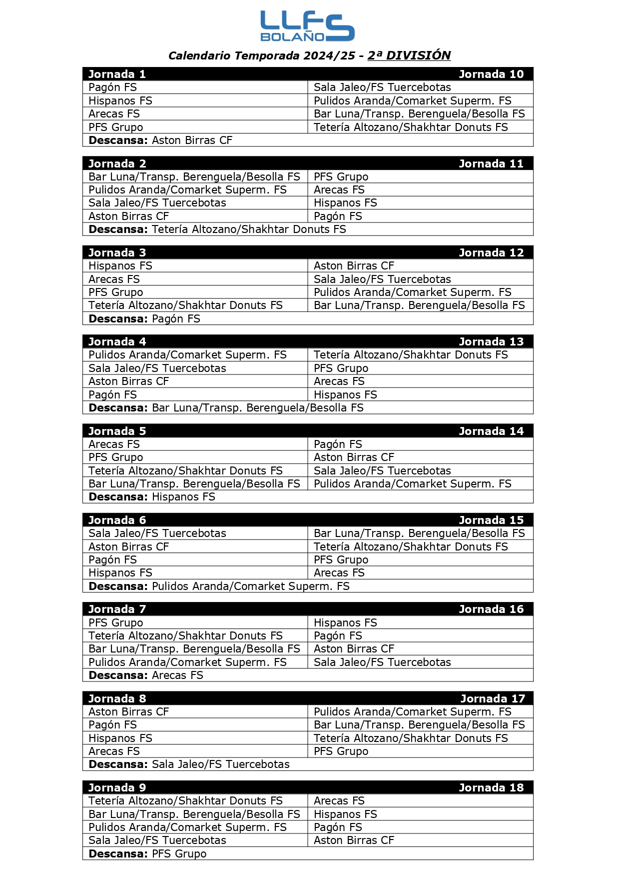 CALENDARIO 2ª DIVISIÓN