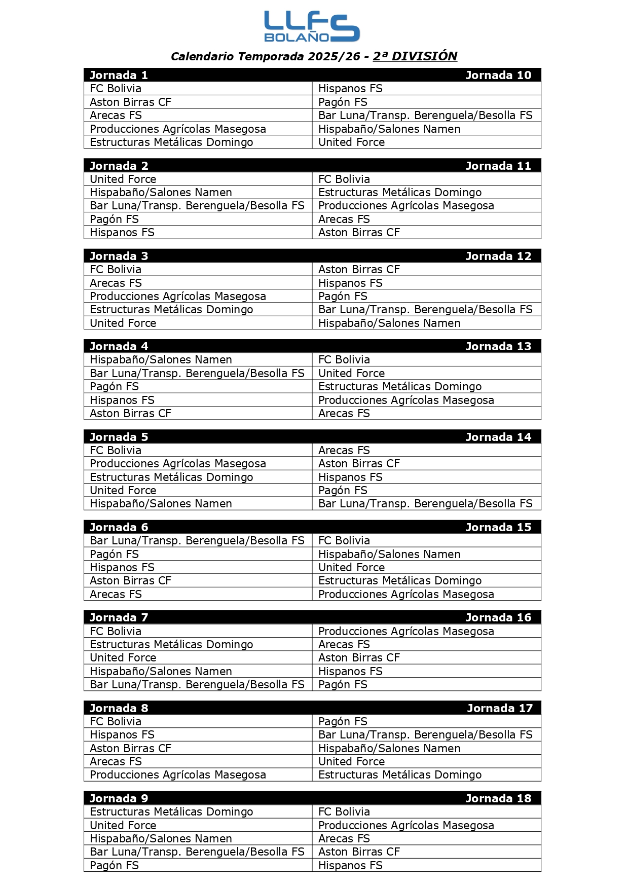 CALENDARIO 2ª DIVISIÓN